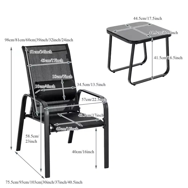 Ensemble bistro d'extérieur 3 pièces Gymax avec chaises empilables à dossier et appuie-tête réglables et table basse en verre trempé Noir/Marron