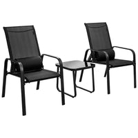 Gymax 3-Piece Outdoor Bistro Set w/ Adjustable Back & Headrest Stackable Chairs Tempered Glass Coffee Table Black/Brown