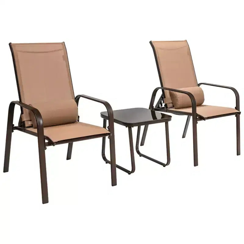 Ensemble bistro d'extérieur 3 pièces Gymax avec chaises empilables à dossier et appuie-tête réglables et table basse en verre trempé Noir/Marron