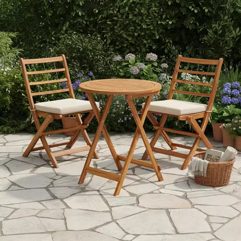 Gymax Ensemble bistro de terrasse pliant 3 pièces en bois d'acacia avec chaises rembourrées et table ronde pour jardin, balcon ou terrasse Blanc cassé/Marine/Gris