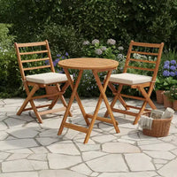 Gymax Ensemble bistro de terrasse pliant 3 pièces en bois d'acacia avec chaises rembourrées et table ronde pour jardin, balcon ou terrasse Blanc cassé/Marine/Gris
