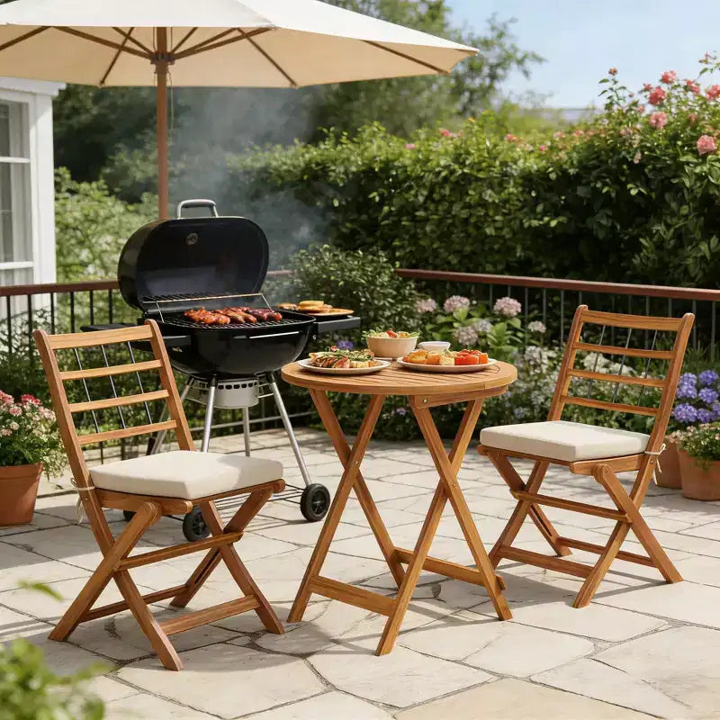 Gymax Ensemble bistro de terrasse pliant 3 pièces en bois d'acacia avec chaises rembourrées et table ronde pour jardin, balcon ou terrasse Blanc cassé/Marine/Gris