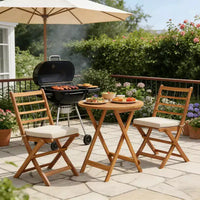 Gymax Ensemble bistro de terrasse pliant 3 pièces en bois d'acacia avec chaises rembourrées et table ronde pour jardin, balcon ou terrasse Blanc cassé/Marine/Gris