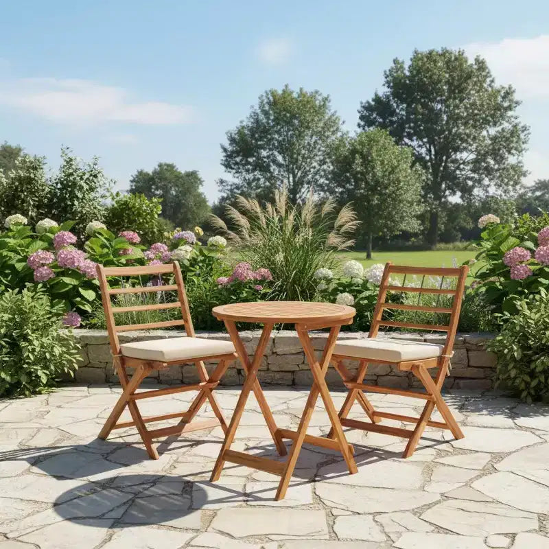Gymax Ensemble bistro de terrasse pliant 3 pièces en bois d'acacia avec chaises rembourrées et table ronde pour jardin, balcon ou terrasse Blanc cassé/Marine/Gris