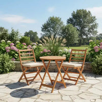 Gymax Ensemble bistro de terrasse pliant 3 pièces en bois d'acacia avec chaises rembourrées et table ronde pour jardin, balcon ou terrasse Blanc cassé/Marine/Gris