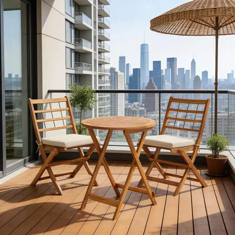 Gymax Ensemble bistro de terrasse pliant 3 pièces en bois d'acacia avec chaises rembourrées et table ronde pour jardin, balcon ou terrasse Blanc cassé/Marine/Gris