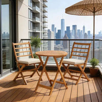 Gymax Ensemble bistro de terrasse pliant 3 pièces en bois d'acacia avec chaises rembourrées et table ronde pour jardin, balcon ou terrasse Blanc cassé/Marine/Gris