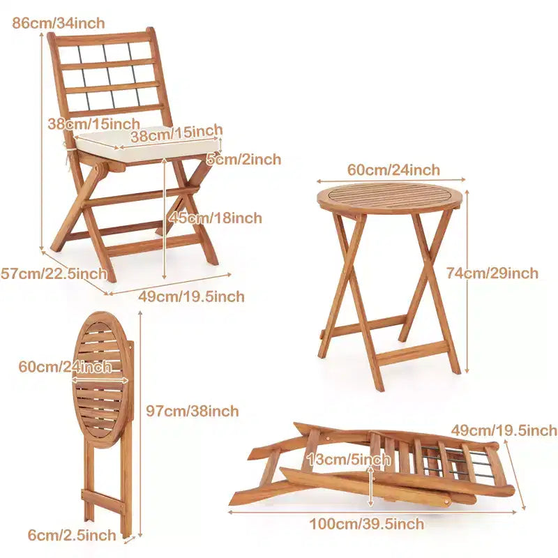 Gymax Ensemble bistro de terrasse pliant 3 pièces en bois d'acacia avec chaises rembourrées et table ronde pour jardin, balcon ou terrasse Blanc cassé/Marine/Gris