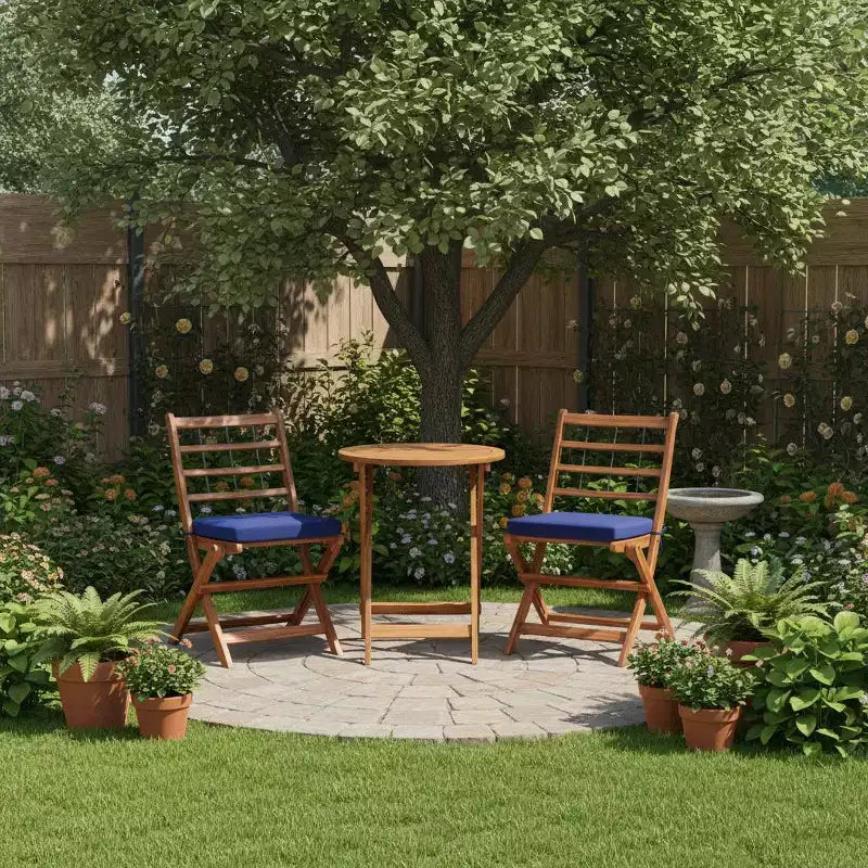 Gymax Ensemble bistro de terrasse pliant 3 pièces en bois d'acacia avec chaises rembourrées et table ronde pour jardin, balcon ou terrasse Blanc cassé/Marine/Gris