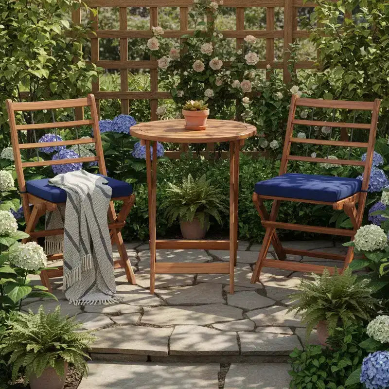 Gymax Ensemble bistro de terrasse pliant 3 pièces en bois d'acacia avec chaises rembourrées et table ronde pour jardin, balcon ou terrasse Blanc cassé/Marine/Gris
