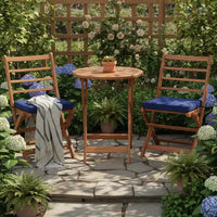 Gymax Ensemble bistro de terrasse pliant 3 pièces en bois d'acacia avec chaises rembourrées et table ronde pour jardin, balcon ou terrasse Blanc cassé/Marine/Gris