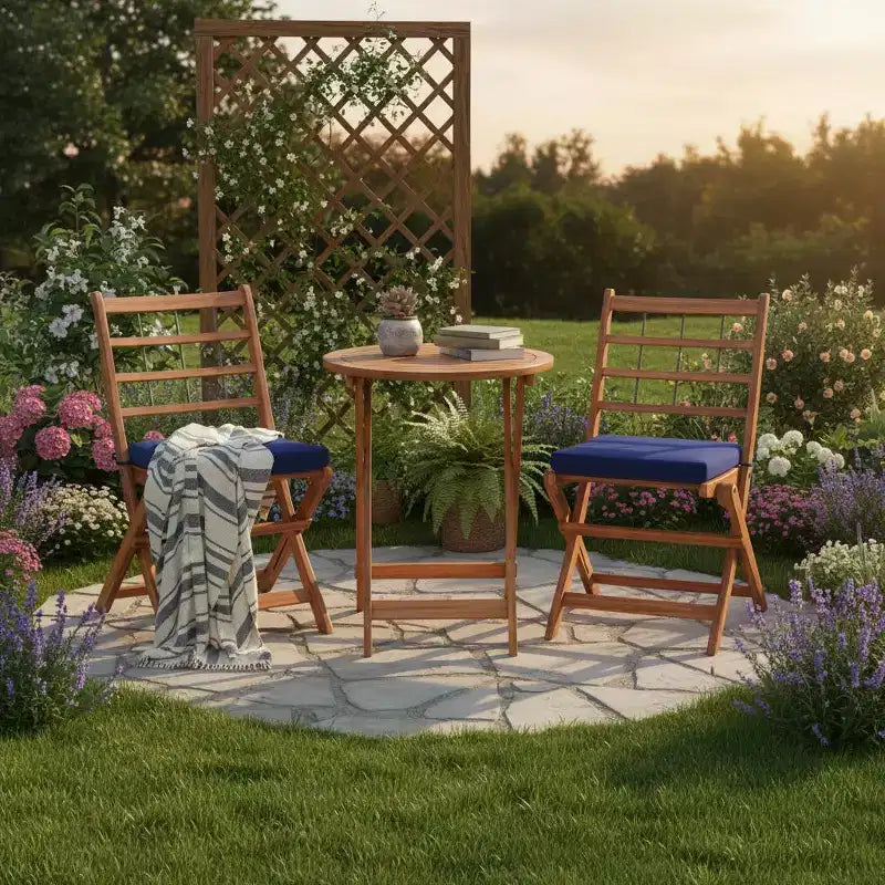 Gymax Ensemble bistro de terrasse pliant 3 pièces en bois d'acacia avec chaises rembourrées et table ronde pour jardin, balcon ou terrasse Blanc cassé/Marine/Gris