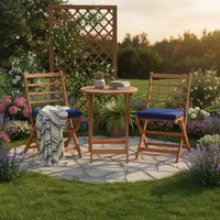 Gymax Ensemble bistro de terrasse pliant 3 pièces en bois d'acacia avec chaises rembourrées et table ronde pour jardin, balcon ou terrasse Blanc cassé/Marine/Gris