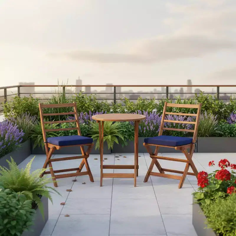 Gymax Ensemble bistro de terrasse pliant 3 pièces en bois d'acacia avec chaises rembourrées et table ronde pour jardin, balcon ou terrasse Blanc cassé/Marine/Gris
