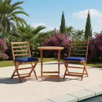 Gymax Ensemble bistro de terrasse pliant 3 pièces en bois d'acacia avec chaises rembourrées et table ronde pour jardin, balcon ou terrasse Blanc cassé/Marine/Gris