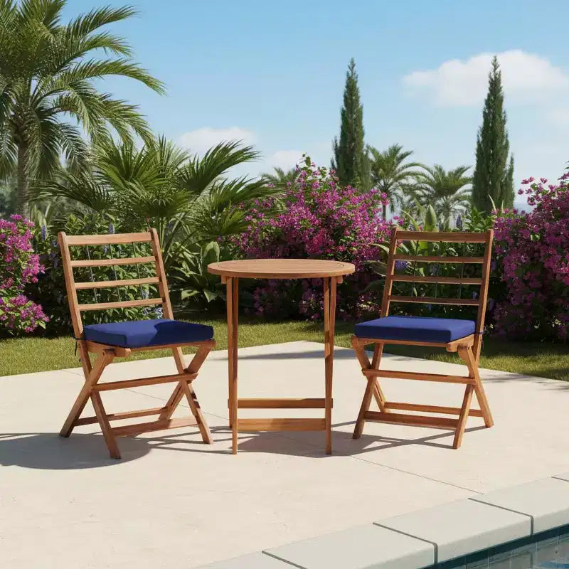 Gymax Ensemble bistro de terrasse pliant 3 pièces en bois d'acacia avec chaises rembourrées et table ronde pour jardin, balcon ou terrasse Blanc cassé/Marine/Gris