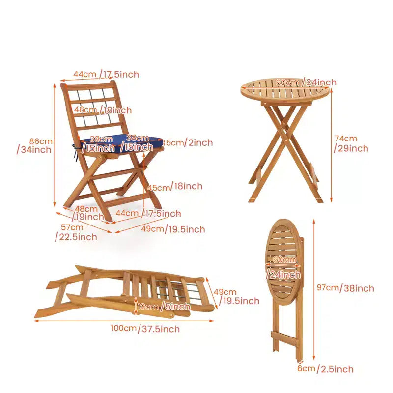 Gymax Ensemble bistro de terrasse pliant 3 pièces en bois d'acacia avec chaises rembourrées et table ronde pour jardin, balcon ou terrasse Blanc cassé/Marine/Gris