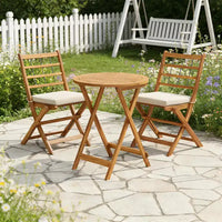 Gymax Ensemble bistro de terrasse pliant 3 pièces en bois d'acacia avec chaises rembourrées et table ronde pour jardin, balcon ou terrasse Blanc cassé/Marine/Gris