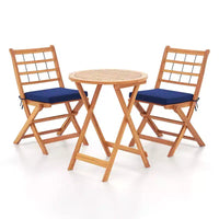 Gymax 3-Piece Folding Acacia Wood Patio Bistro Set w/ Cushioned Chairs & Round Table for Garden Balcony or Patio Off White/Navy/Gray
