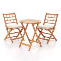 Gymax Ensemble bistro de terrasse pliant 3 pièces en bois d'acacia avec chaises rembourrées et table ronde pour jardin, balcon ou terrasse Blanc cassé/Marine/Gris