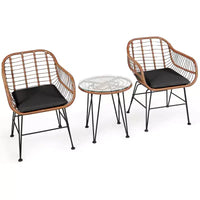 Gymax Ensemble de conversation 3 pièces pour patio, fauteuils d'extérieur en rotin PE avec coussins moelleux et table basse ronde en verre trempé Bleu marine/Gris/Noir