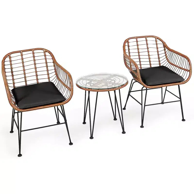 Gymax Ensemble de conversation 3 pièces pour patio, fauteuils d'extérieur en rotin PE avec coussins moelleux et table basse ronde en verre trempé Bleu marine/Gris/Noir