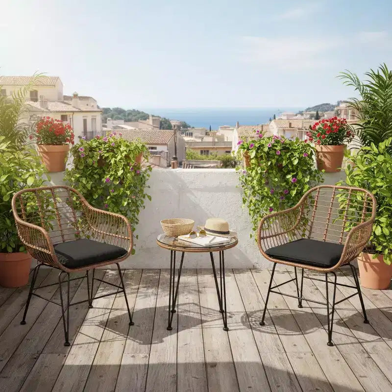Gymax Ensemble de conversation 3 pièces pour patio, fauteuils d'extérieur en rotin PE avec coussins moelleux et table basse ronde en verre trempé Bleu marine/Gris/Noir