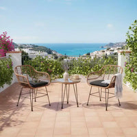 Gymax Ensemble de conversation 3 pièces pour patio, fauteuils d'extérieur en rotin PE avec coussins moelleux et table basse ronde en verre trempé Bleu marine/Gris/Noir