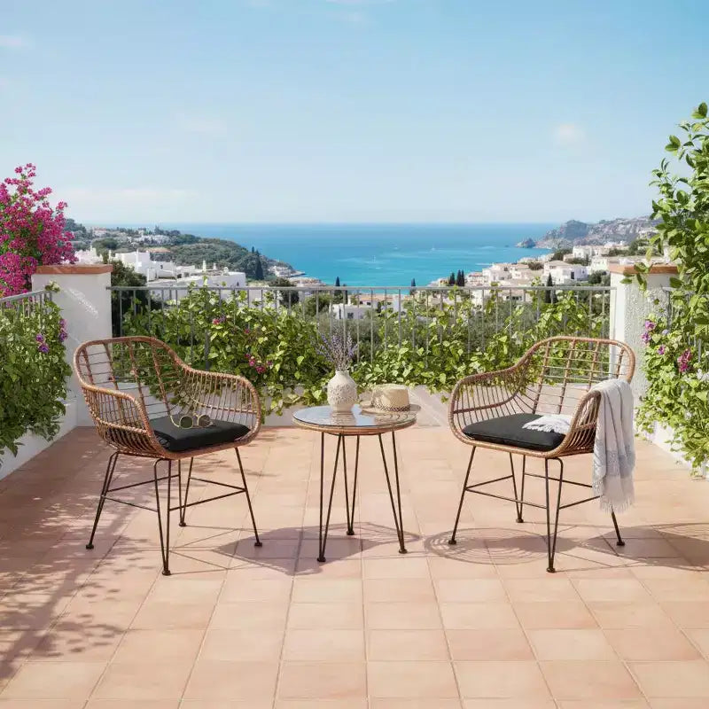 Gymax Ensemble de conversation 3 pièces pour patio, fauteuils d'extérieur en rotin PE avec coussins moelleux et table basse ronde en verre trempé Bleu marine/Gris/Noir