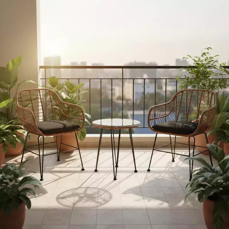 Gymax Ensemble de conversation 3 pièces pour patio, fauteuils d'extérieur en rotin PE avec coussins moelleux et table basse ronde en verre trempé Bleu marine/Gris/Noir