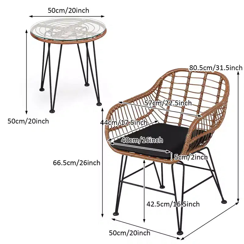 Gymax Ensemble de conversation 3 pièces pour patio, fauteuils d'extérieur en rotin PE avec coussins moelleux et table basse ronde en verre trempé Bleu marine/Gris/Noir