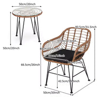 Gymax Ensemble de conversation 3 pièces pour patio, fauteuils d'extérieur en rotin PE avec coussins moelleux et table basse ronde en verre trempé Bleu marine/Gris/Noir