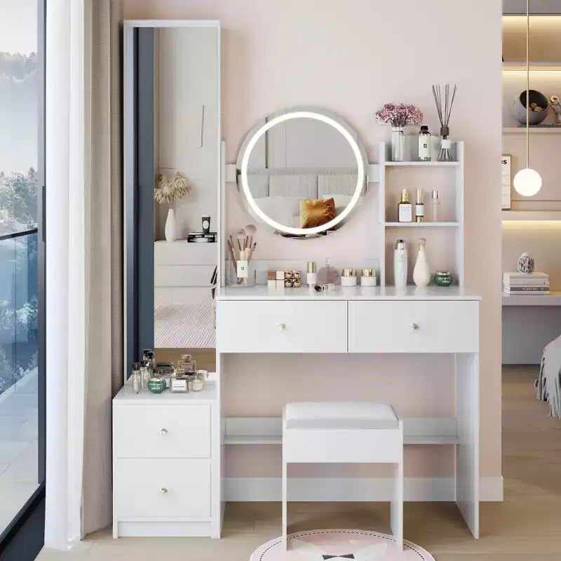 Ensemble de coiffeuse naturelle de 17 pouces avec armoire-miroir pleine longueur et lumières, rangement et tabouret assorti pour chambre à coucher