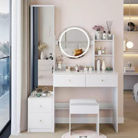 Ensemble de coiffeuse naturelle de 17 pouces avec armoire-miroir pleine longueur et lumières, rangement et tabouret assorti pour chambre à coucher