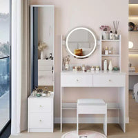 Ensemble de coiffeuse naturelle de 17 pouces avec armoire-miroir pleine longueur et lumières, rangement et tabouret assorti pour chambre à coucher