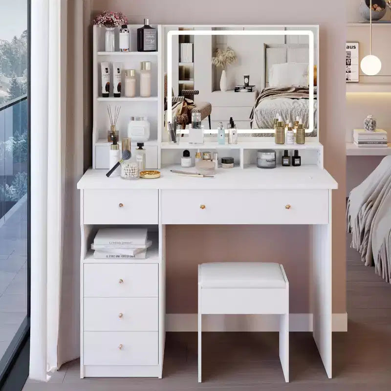 Coiffeuse de 104 cm avec Miroir LED Tactile, Rangement Organisé et Tabouret Assorti pour Chambre à Coucher
