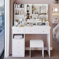 Coiffeuse de 104 cm avec Miroir LED Tactile, Rangement Organisé et Tabouret Assorti pour Chambre à Coucher