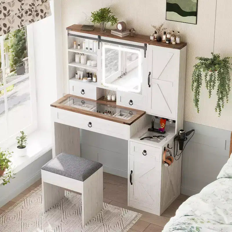 Coiffeuse de maquillage style farmhouse avec miroir LED coulissant, 4 tiroirs et 2 armoires, station de charge, plateau en verre et meuble latéral pour chambre