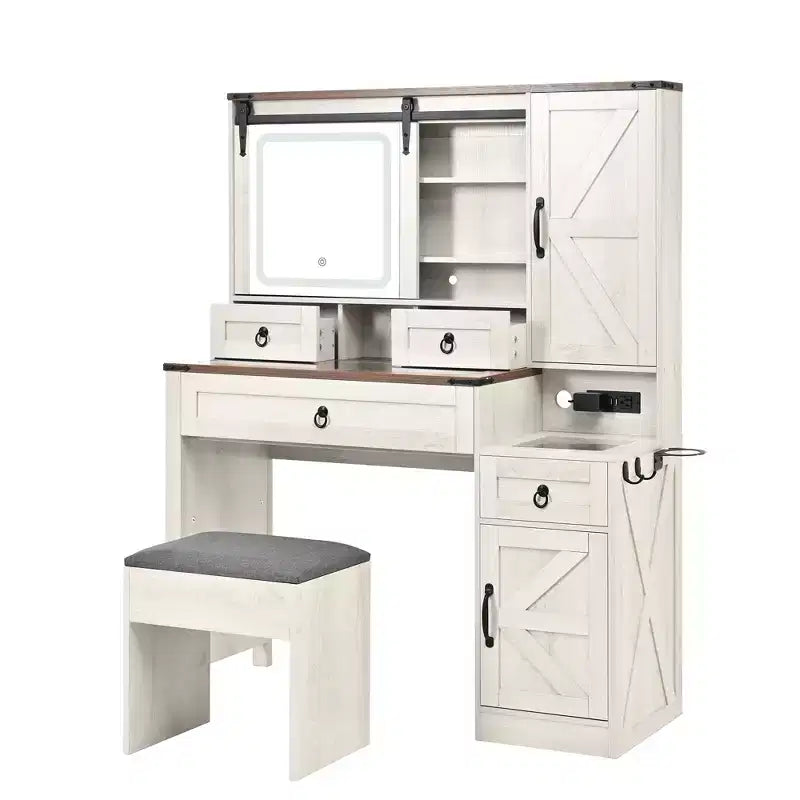 Coiffeuse de maquillage style farmhouse avec miroir LED coulissant, 4 tiroirs et 2 armoires, station de charge, plateau en verre et meuble latéral pour chambre