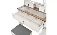 Coiffeuse de maquillage style farmhouse avec miroir LED coulissant, 4 tiroirs et 2 armoires, station de charge, plateau en verre et meuble latéral pour chambre