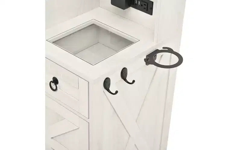 Coiffeuse de maquillage style farmhouse avec miroir LED coulissant, 4 tiroirs et 2 armoires, station de charge, plateau en verre et meuble latéral pour chambre