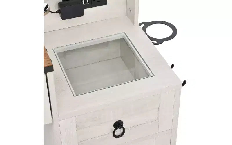 Coiffeuse de maquillage style farmhouse avec miroir LED coulissant, 4 tiroirs et 2 armoires, station de charge, plateau en verre et meuble latéral pour chambre