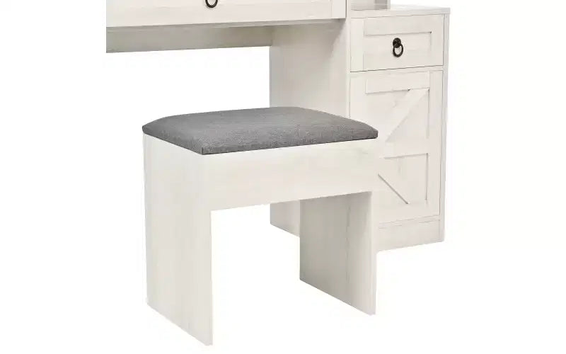 Coiffeuse de maquillage style farmhouse avec miroir LED coulissant, 4 tiroirs et 2 armoires, station de charge, plateau en verre et meuble latéral pour chambre