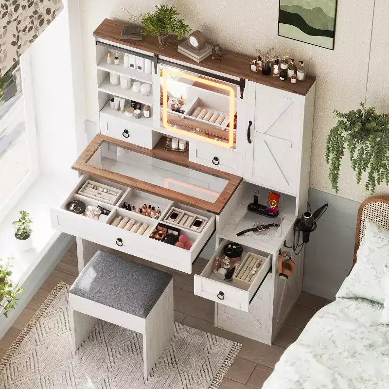 Coiffeuse de maquillage style farmhouse avec miroir LED coulissant, 4 tiroirs et 2 armoires, station de charge, plateau en verre et meuble latéral pour chambre