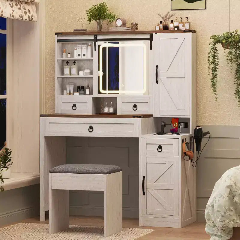Coiffeuse de maquillage style farmhouse avec miroir LED coulissant, 4 tiroirs et 2 armoires, station de charge, plateau en verre et meuble latéral pour chambre