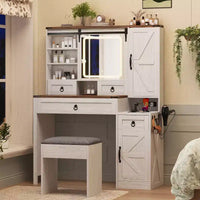 Coiffeuse de maquillage style farmhouse avec miroir LED coulissant, 4 tiroirs et 2 armoires, station de charge, plateau en verre et meuble latéral pour chambre