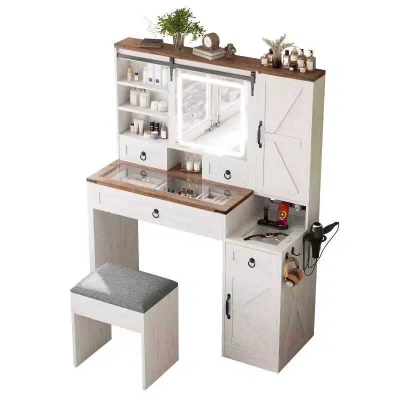 Coiffeuse de maquillage style farmhouse avec miroir LED coulissant, 4 tiroirs et 2 armoires, station de charge, plateau en verre et meuble latéral pour chambre
