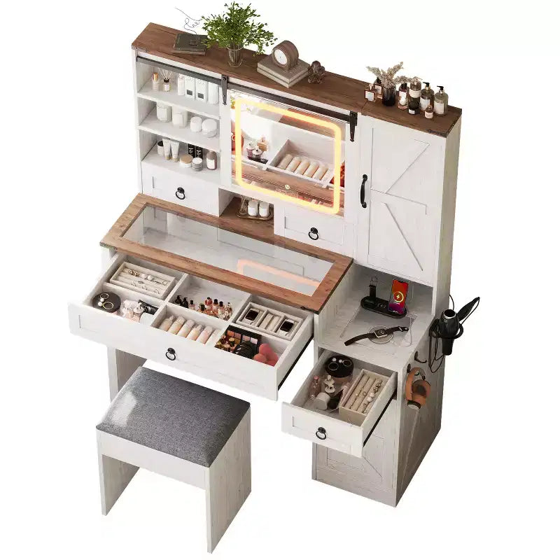 Coiffeuse de maquillage style farmhouse avec miroir LED coulissant, 4 tiroirs et 2 armoires, station de charge, plateau en verre et meuble latéral pour chambre