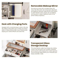 Coiffeuse de maquillage style farmhouse avec miroir LED coulissant, 4 tiroirs et 2 armoires, station de charge, plateau en verre et meuble latéral pour chambre