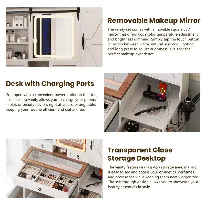 Coiffeuse de maquillage style farmhouse avec miroir LED coulissant, 4 tiroirs et 2 armoires, station de charge, plateau en verre et meuble latéral pour chambre